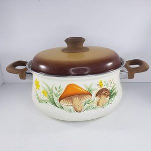 Vintage Retro MCM Mushroom Enamel Pot Lid Whimsical Fairy Garden